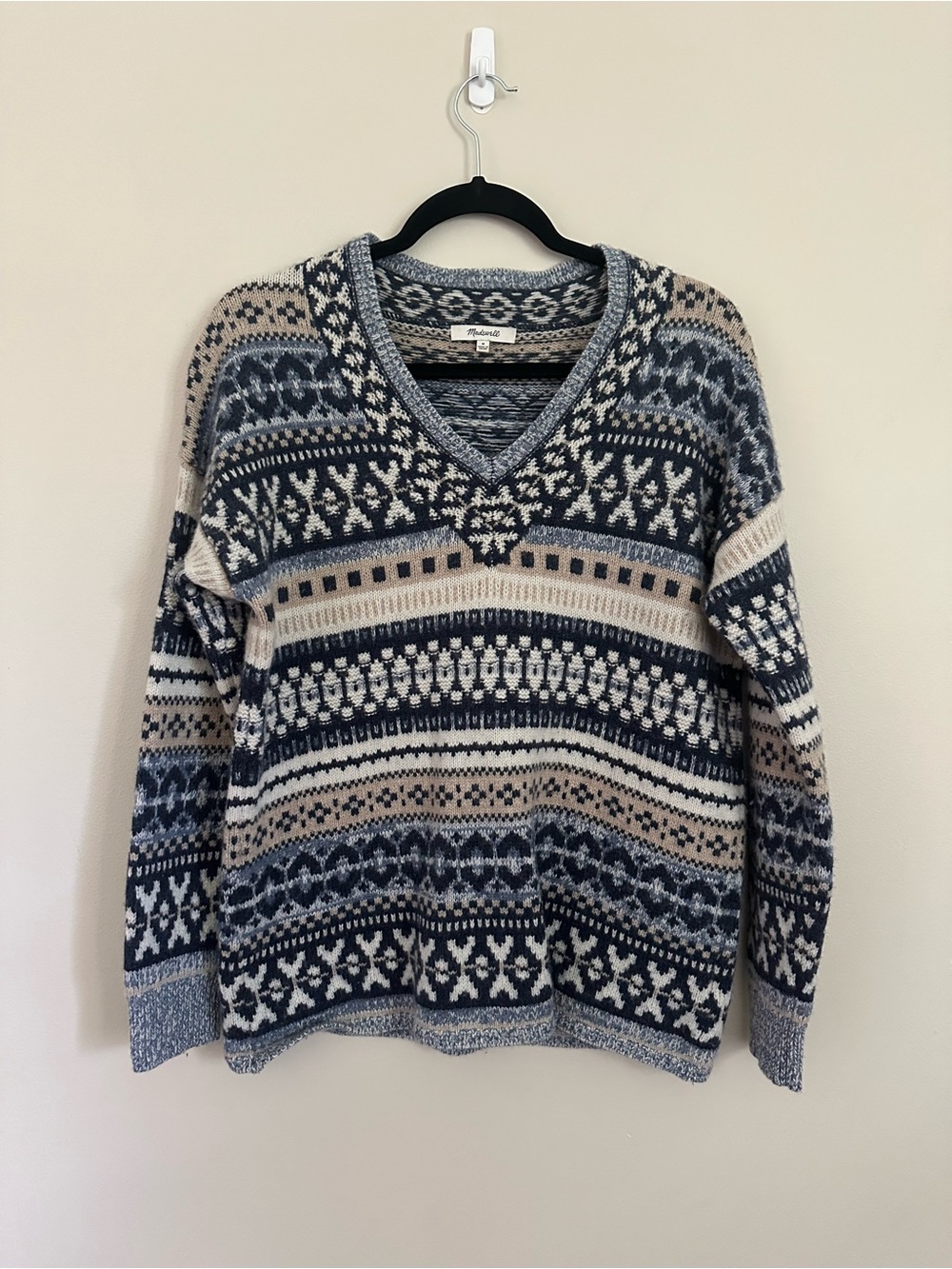Madewell Fair Isle Wool Blend Sweater Medium Blue Nordic V-Neck Cozy Winter Knit